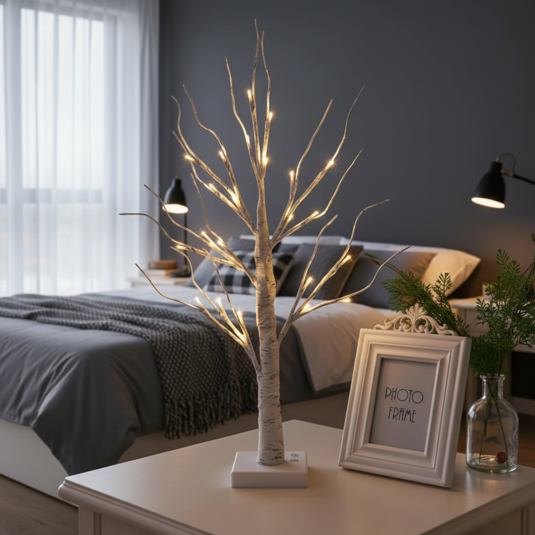 LED dekorace z březových větví - sochařský tvar, jemné přirozené světlo