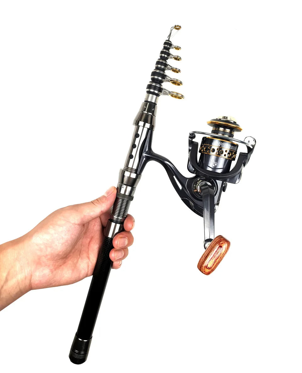Kit de pesca completo com cana telescópica de carbono e carreto de spinning