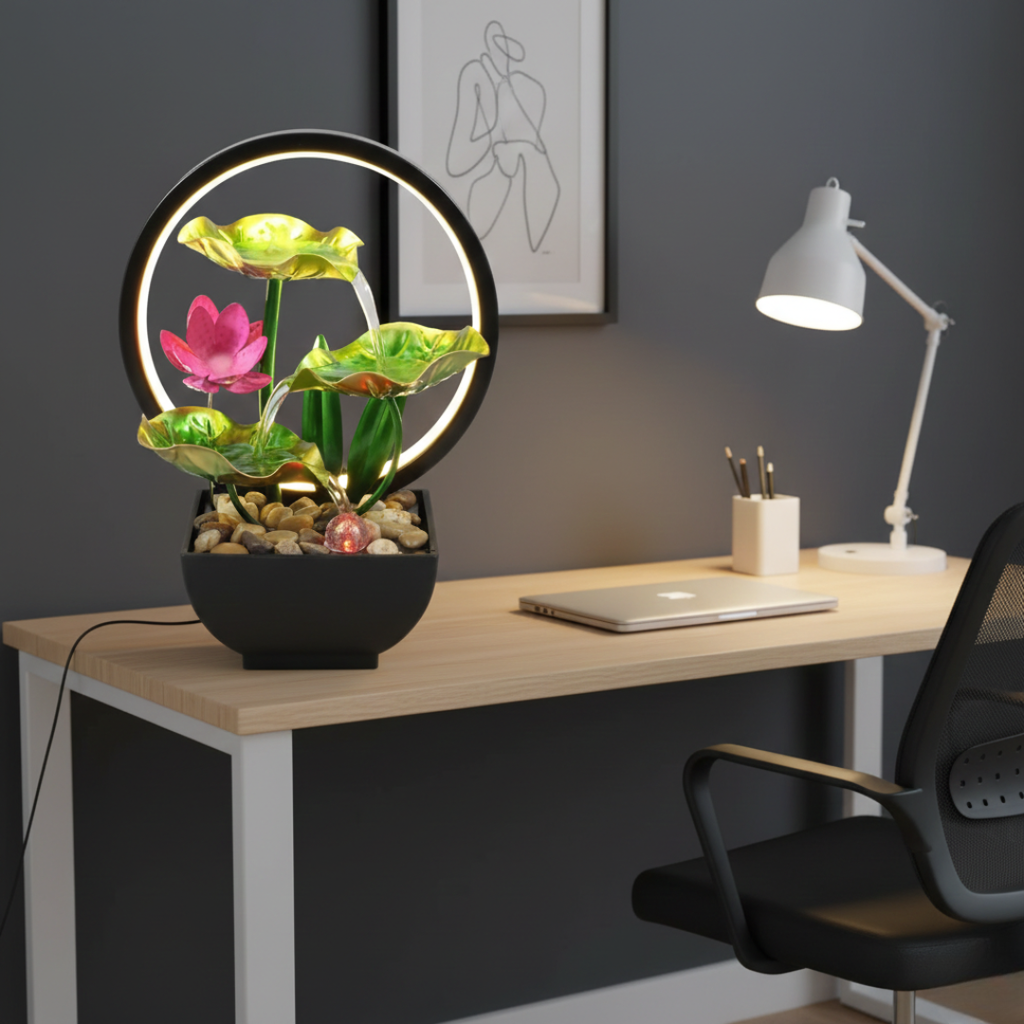 USB-Powered LED Tabletop Water Fountain — Quiet Flow, Warm Lighting, 29x13x12cm