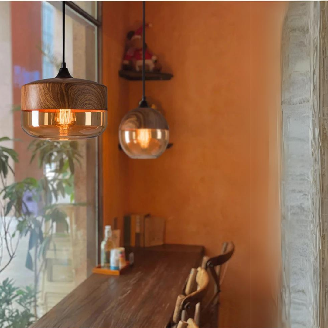 Harlow Light Pendant With Tint Glass And Nordic Wood In Minimal Scandinavian Style