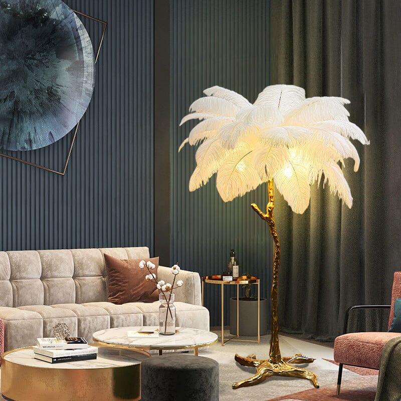 Gulvlampe med kunstige fjer — moderne, dekorativ standerlampe