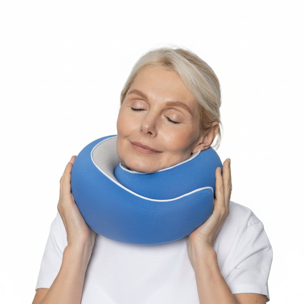 Almofada de viagem para o pescoço em espuma viscoelástica — Ajuste ergonómico e formato compacto para transportar