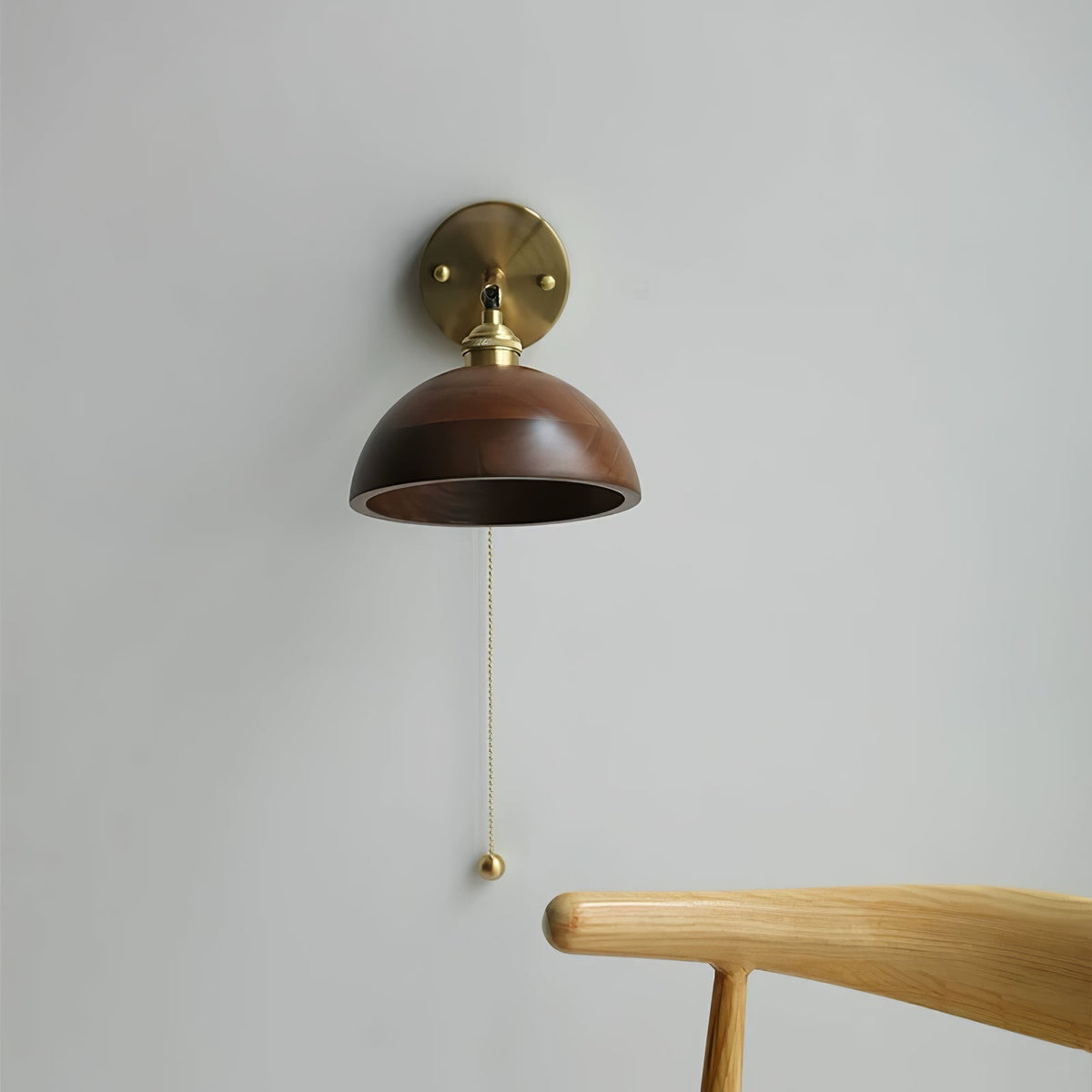 Aureo Vintage Wood Wall Lamp — Pull Chain Switch, Dome Shade