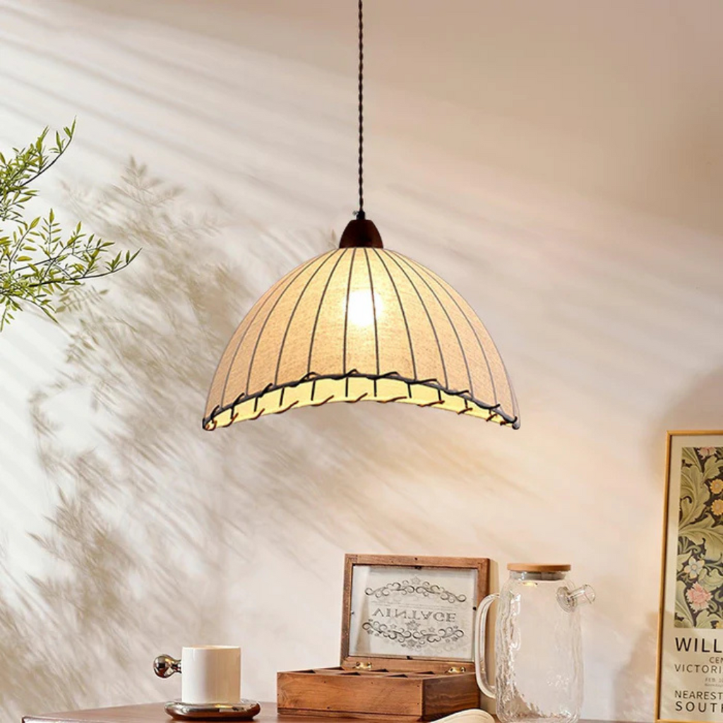 Valeon Pendelleuchte aus Holz mit Stoffschirm für Esszimmer