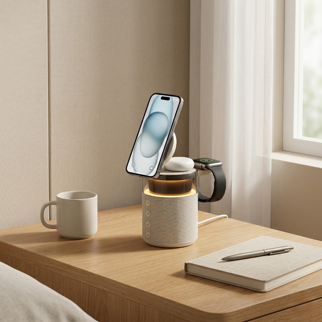 マグネット式ワイヤレス充電ステーション - iPhone、iWatch＆AirPodsハブ、スピーカーとLEDランプ一体型