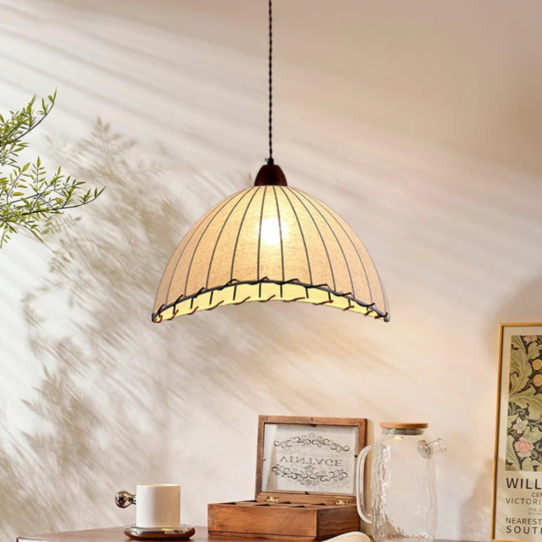 Ardent Wooden Pendant Lamp Featuring Fabric Shade For Dining Area