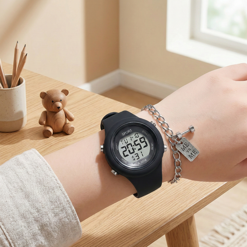 Digital Waterproof Sports Watch — Chronograph Timer, Alarm & Hourly Chimes