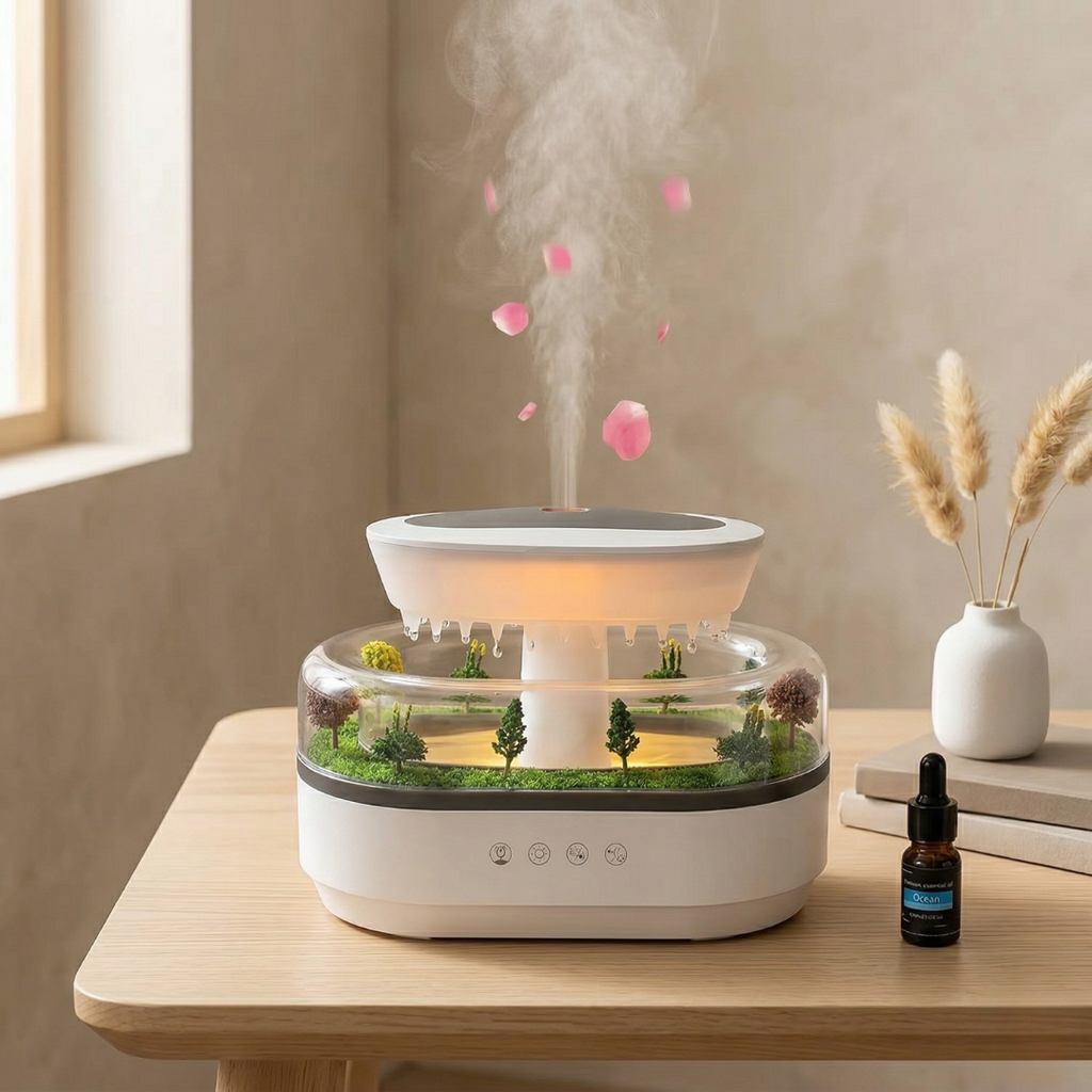Aromatherapy LED Diffuser — Four-In-One Humidifier, Forest Waterfall Projection, Adjustable Lighting