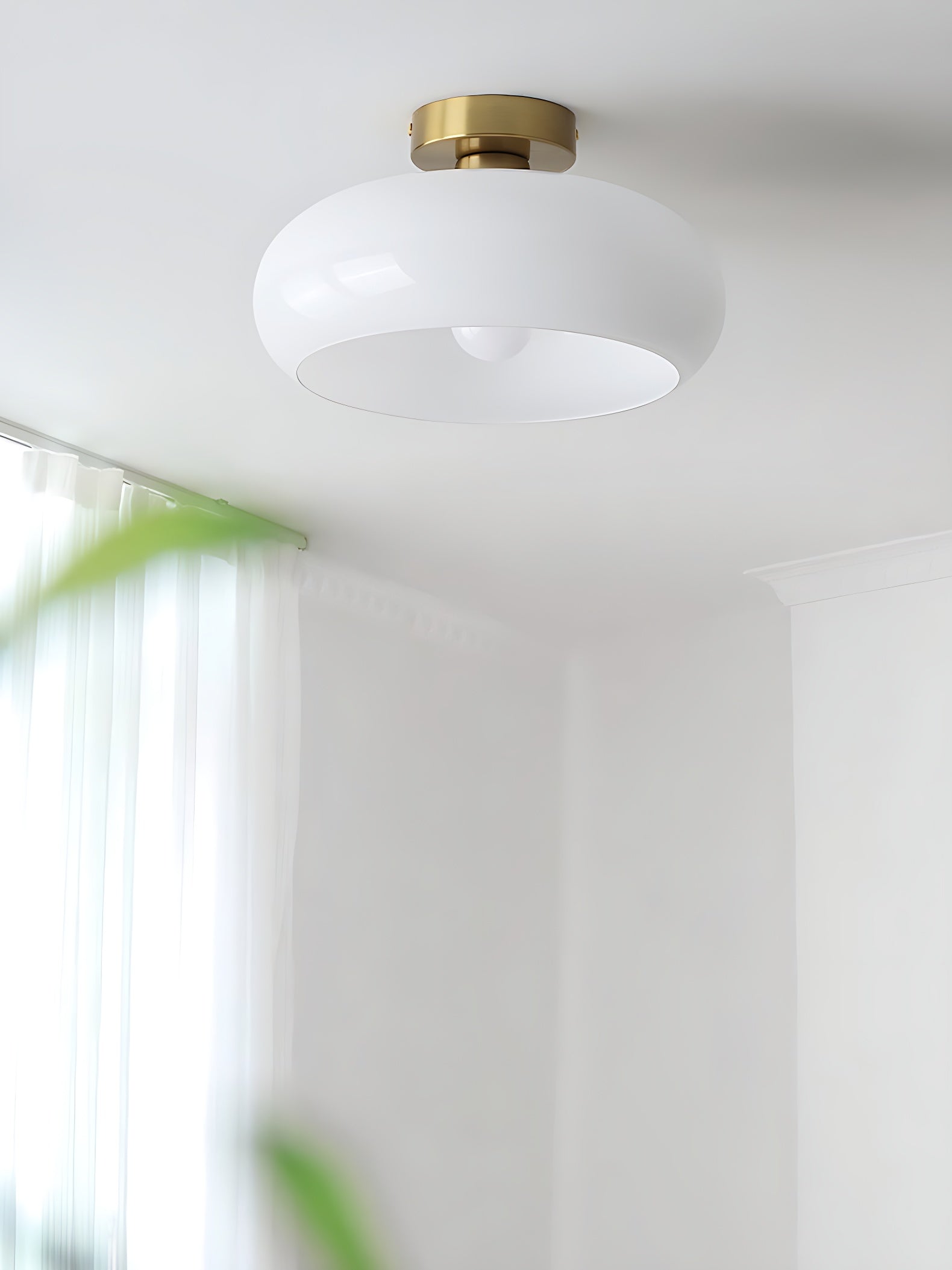 Bauhaus Circular Ceiling Light — Glass Disk Shade, Brass or Chrome Finish, Orange-Yellow or White Glass