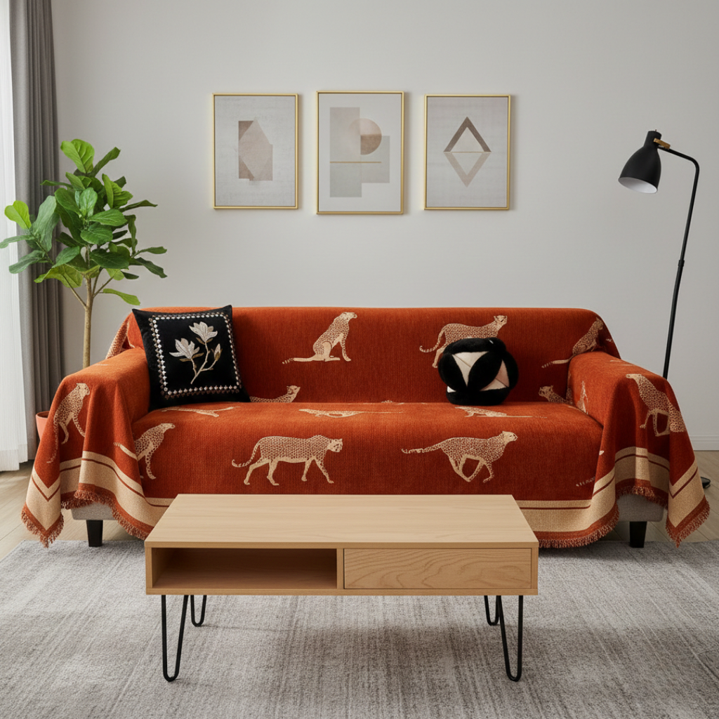 Zelený potah na pohovku s gepardím vzorem — design inspirovaný safari