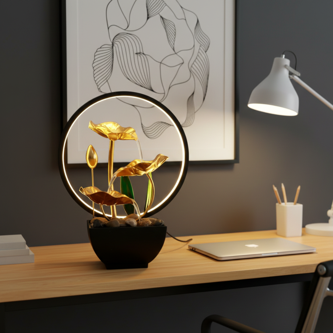 USB-Powered LED Tabletop Water Fountain — Quiet Flow, Warm Lighting, 29x13x12cm