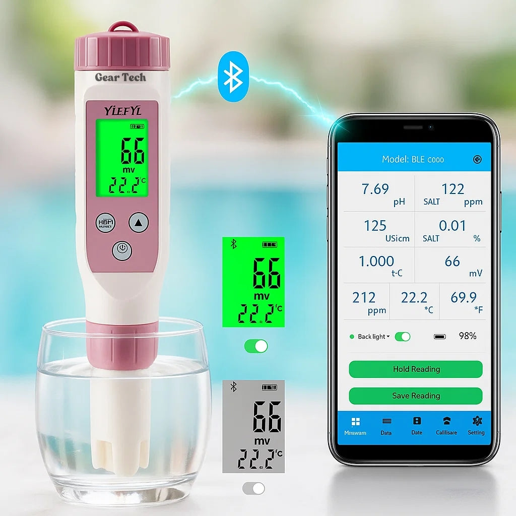 AquaSense digitale zwembadtester met 7 parameters — via app verbonden pH- en chloormonitor