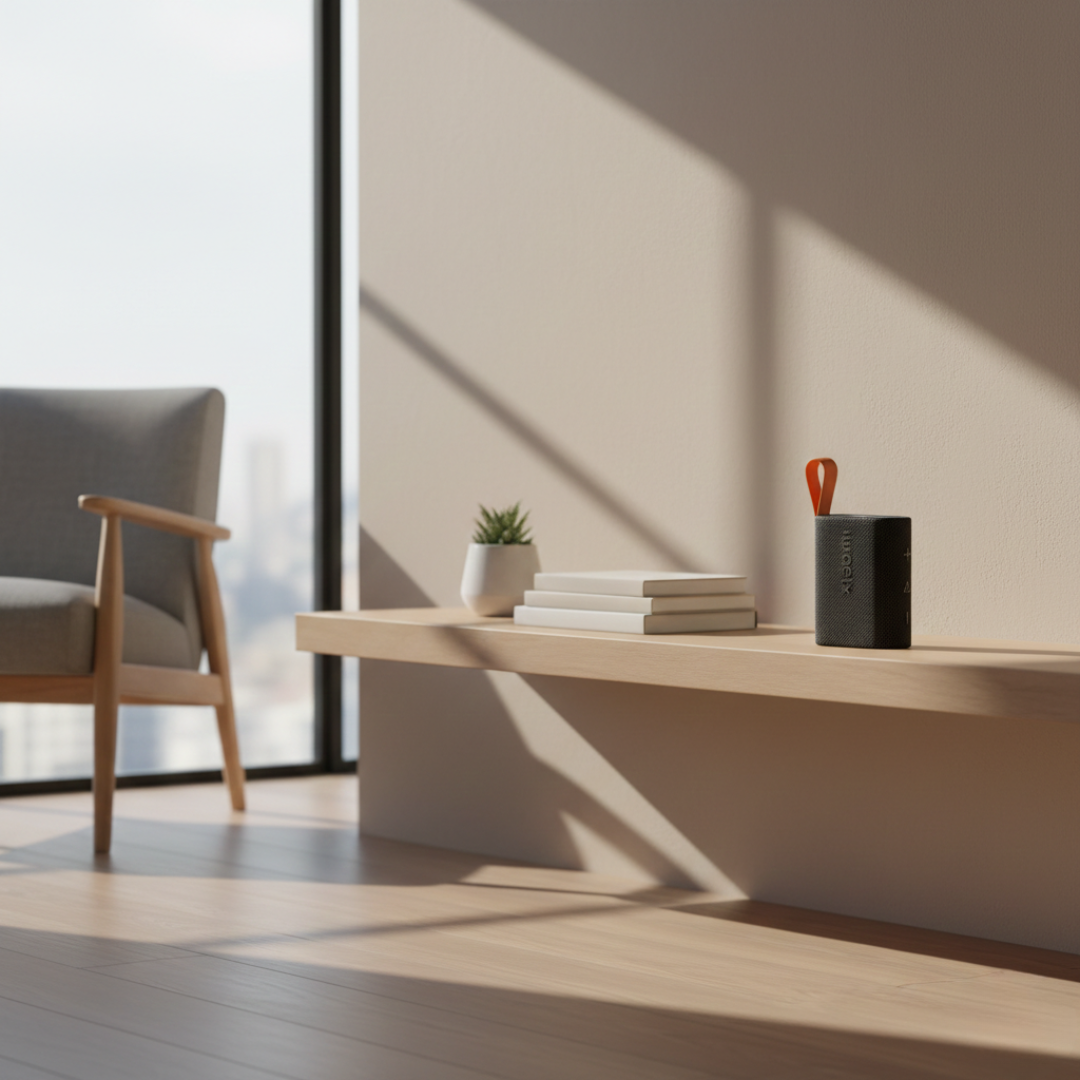 Altavoz Bluetooth Xiaomi Sound Pocket — Clasificación IP67, carcasa del tamaño de la palma de la mano, acabado negro mate y detalles naranjas