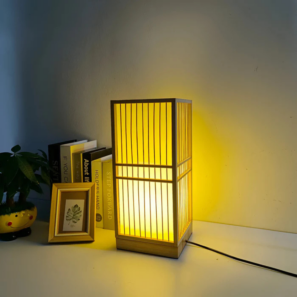 Bambusová LED stolní lampa Hinata v japonském stylu pro ložnici a pracovní prostor s klidným světlem