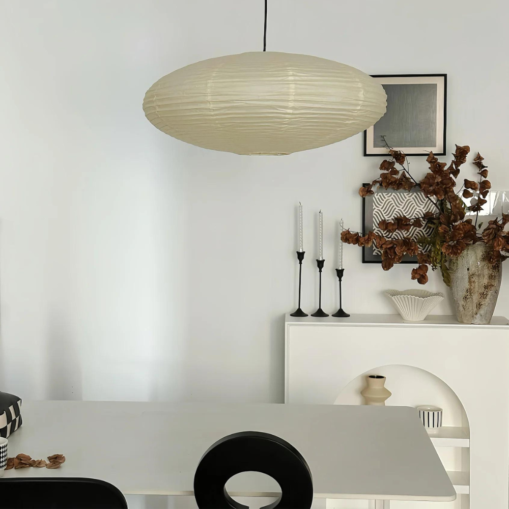 Mulberry Paper Japandi Ceiling Light — Geometric White LED Design, 50 cm and 60 cm