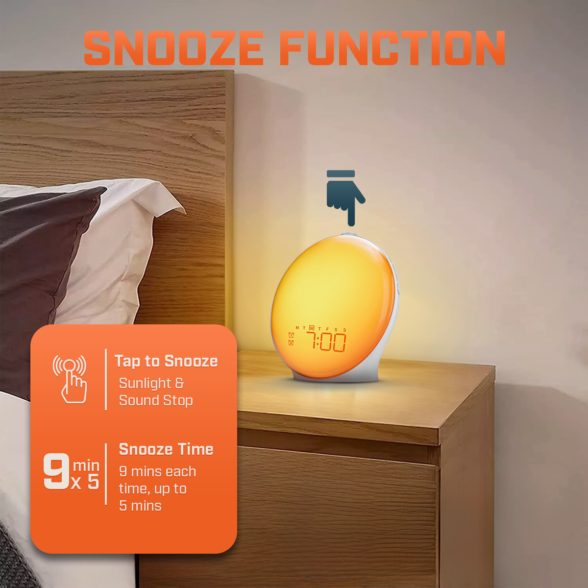 LumaRise LED budík — funkce odložení, probouzení přirozeným světlem, kompaktní napájení z baterií