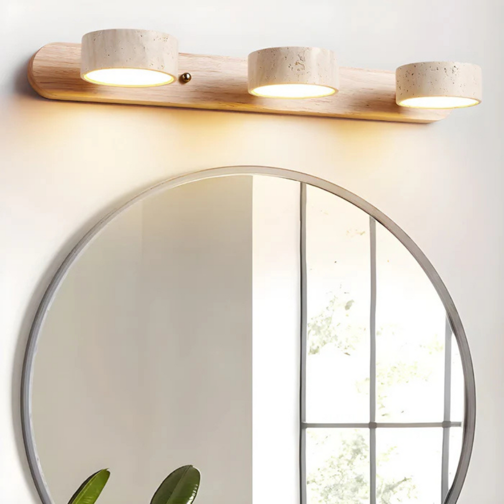 Havencrest Travertine Wall Light Featuring Warm Wood Elements Ambient Glow
