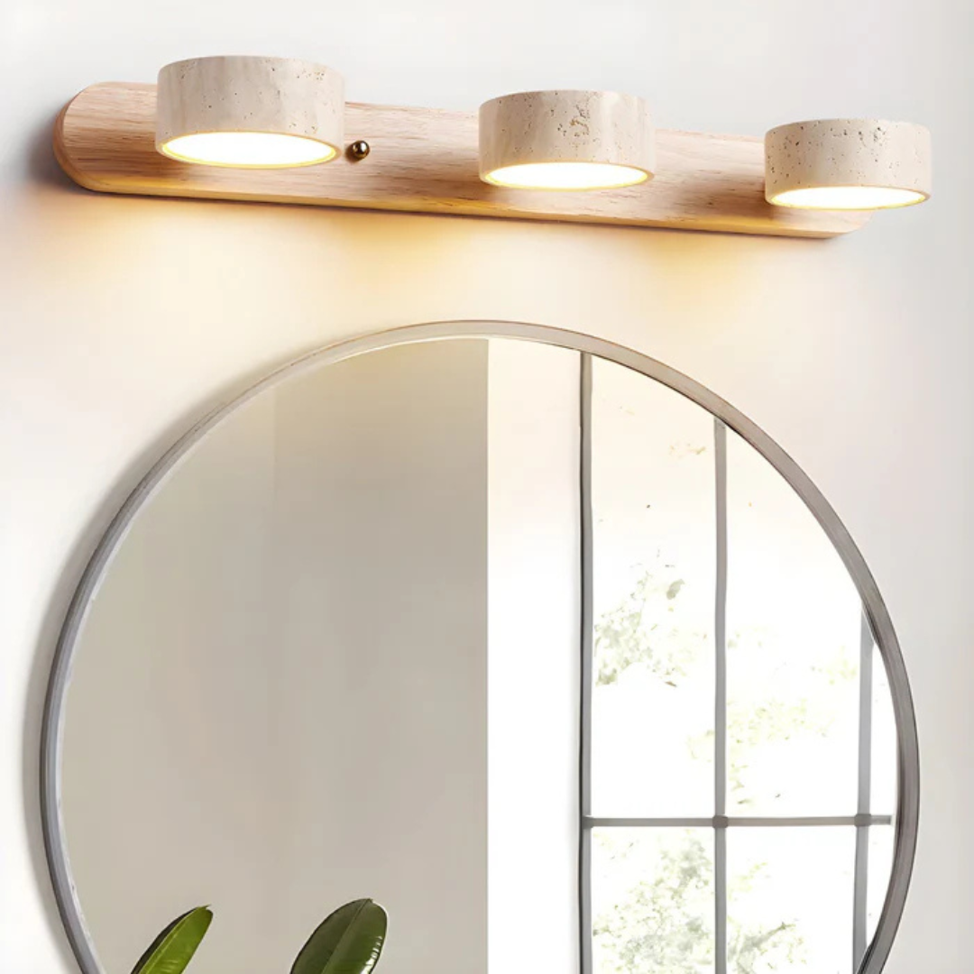 Havencrest Travertine Wall Light Featuring Warm Wood Elements Ambient Glow