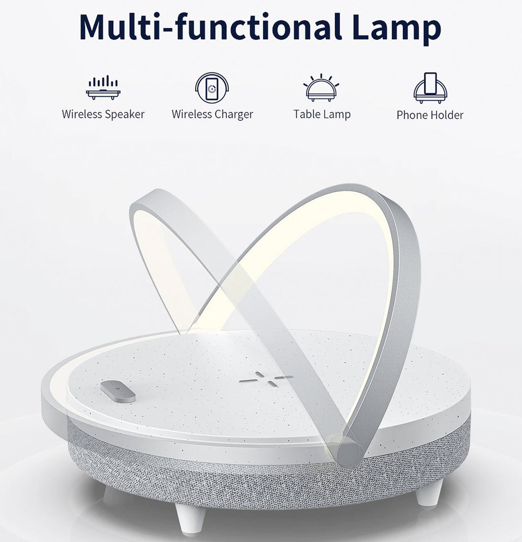4-in-1 Bedside Lamp — Dimmable Light, Wireless Charging & Speaker