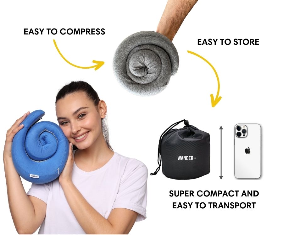 Almofada de viagem para o pescoço em espuma viscoelástica — Ajuste ergonómico e formato compacto para transportar