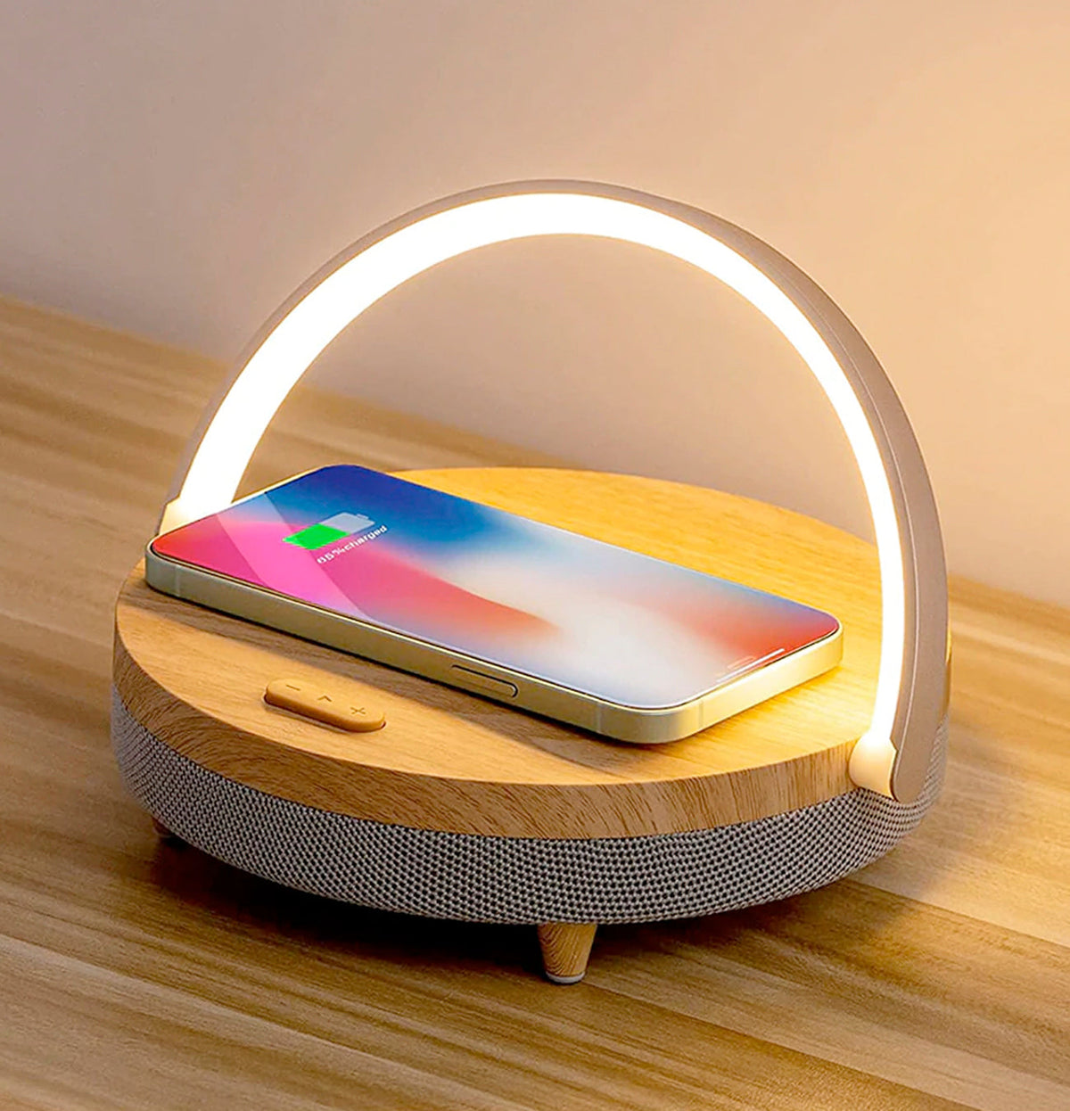 4-in-1 Bedside Lamp — Dimmable Light, Wireless Charging & Speaker