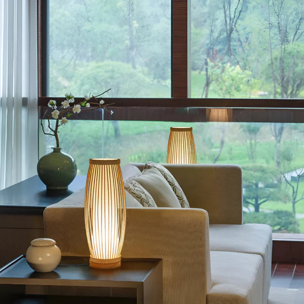 Bambusová LED stolní lampa Hinata v japonském stylu pro ložnici a pracovní prostor s klidným světlem