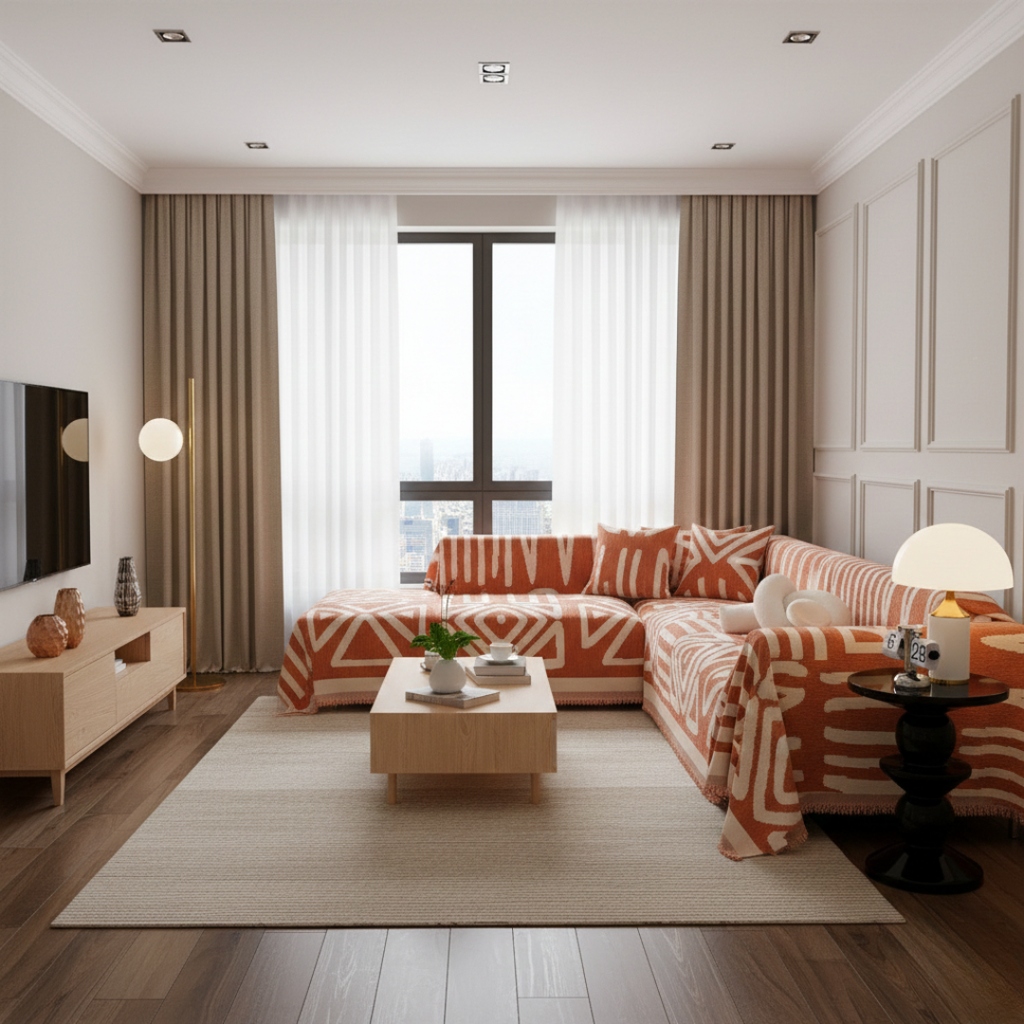 Protiskluzový pratelný potah na pohovku — geometrický boho design