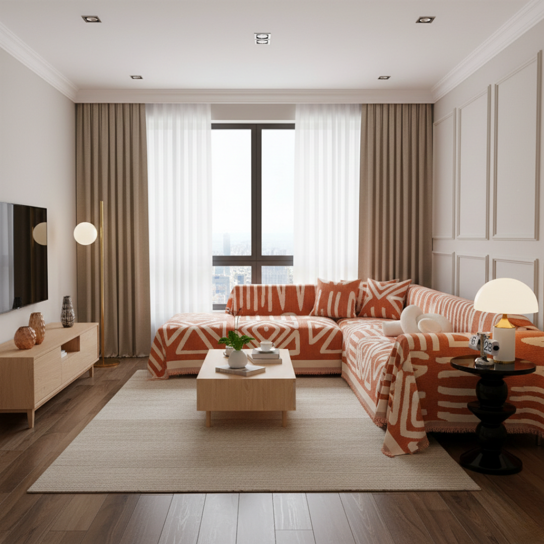Protiskluzový pratelný potah na pohovku — geometrický boho design