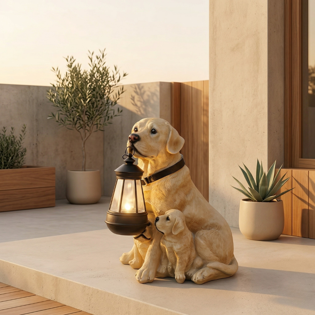 Decorazione da giardino a forma di cucciolo alimentata a energia solare — scultura da prato con illuminazione automatica