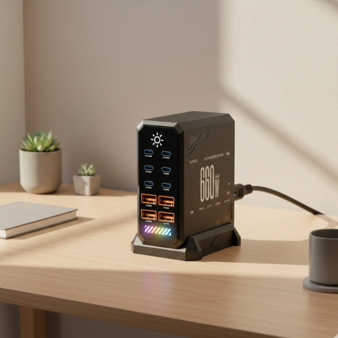 Stacja ładowania USB-C — hub GaN 660W, 6 portów Type-C i 4 porty USB-A
