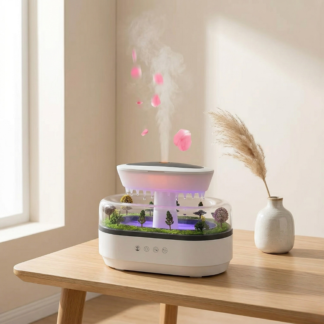 Aromaterápiás LED-diffúzor — négy az egyben párásító, erdei vízesést vetítő funkció, állítható világítás