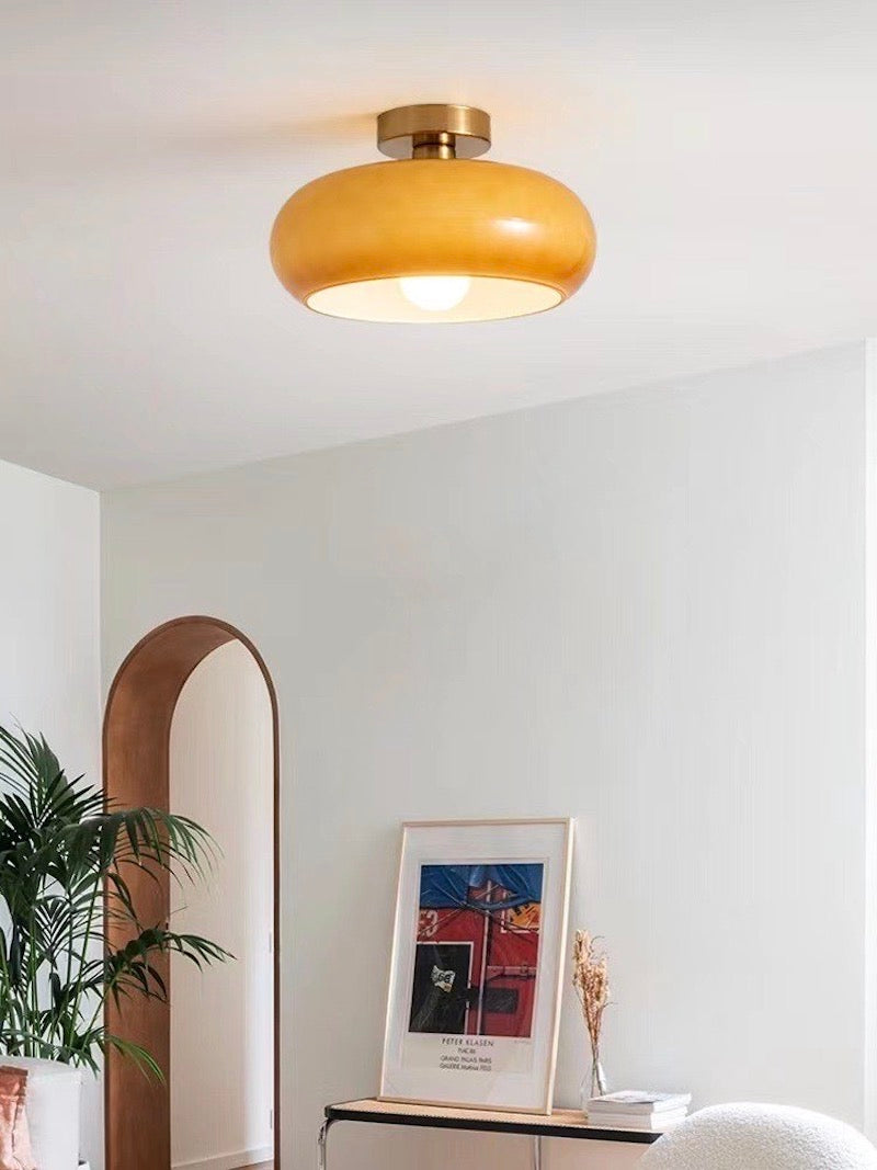 Bauhaus Circular Ceiling Light — Glass Disk Shade, Brass or Chrome Finish, Orange-Yellow or White Glass
