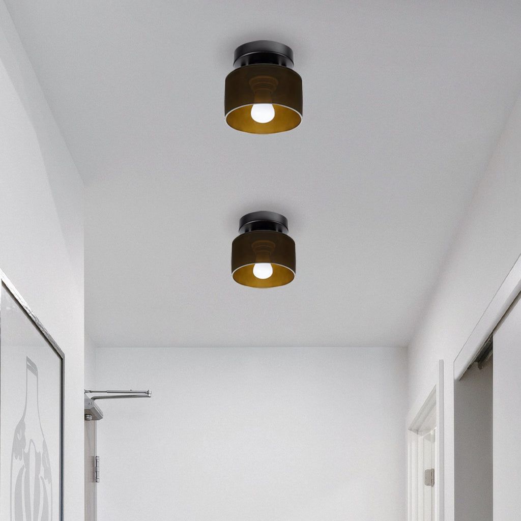 Retro Amber Glass Ceiling Light — E27/E26 Socket, Direct Mount, Cylindrical Shade