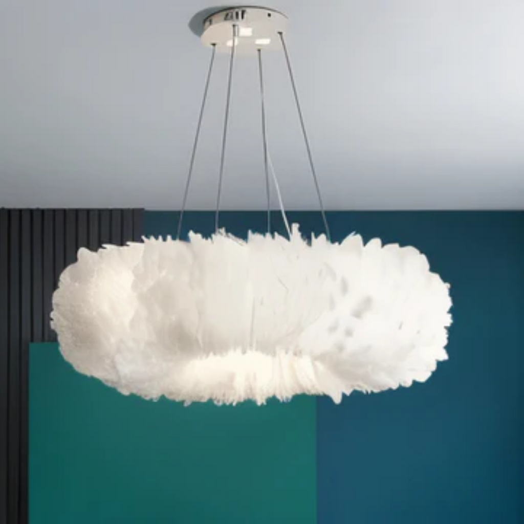 Aurelia White Circular Feathered Pendant Light With Diffused Glow