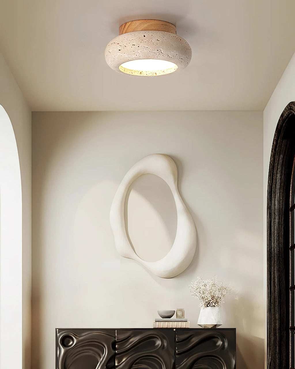 Acrylic Ceiling Lamp in Walnut and Beige — Flat Panel, Even Illumination