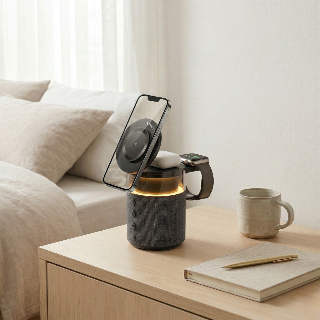 マグネット式ワイヤレス充電ステーション - iPhone、iWatch＆AirPodsハブ、スピーカーとLEDランプ一体型