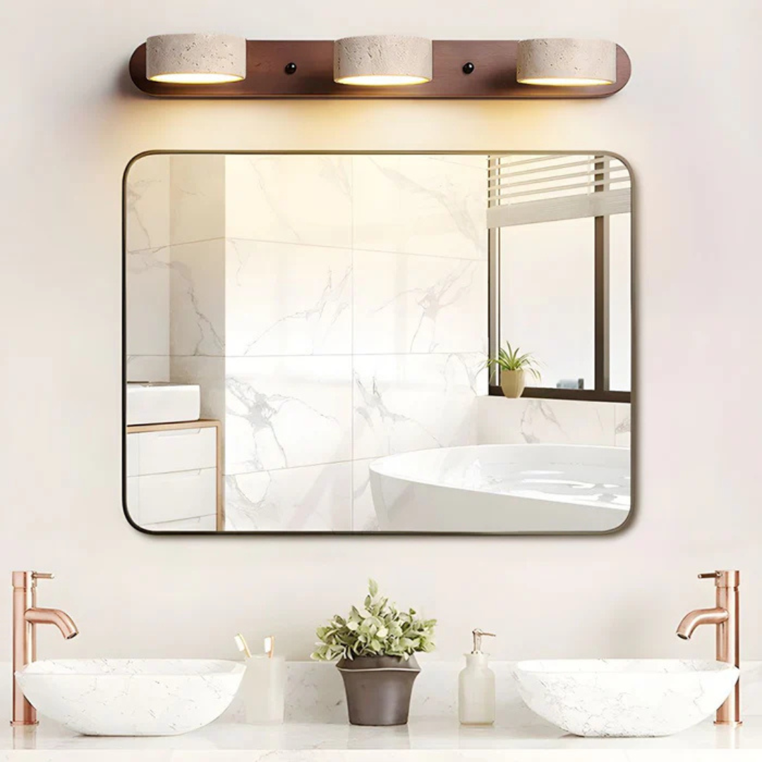 Havencrest Travertine Wall Light Featuring Warm Wood Elements Ambient Glow