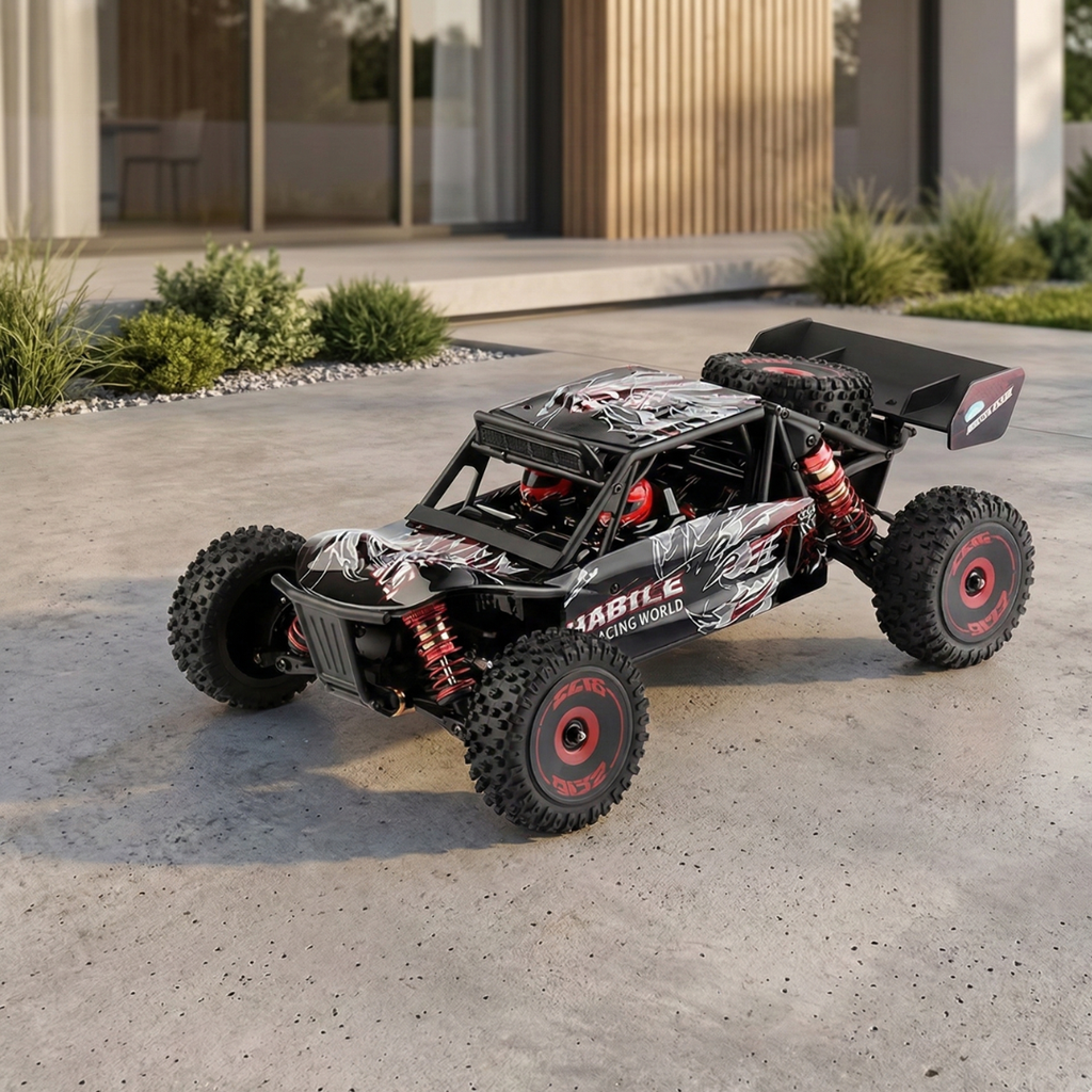 Bezuhlíkový závodní RC model auta v měřítku 1:12 s pohonem 4×4 — terénní závodní model s vysokou rychlostí 75 km/h