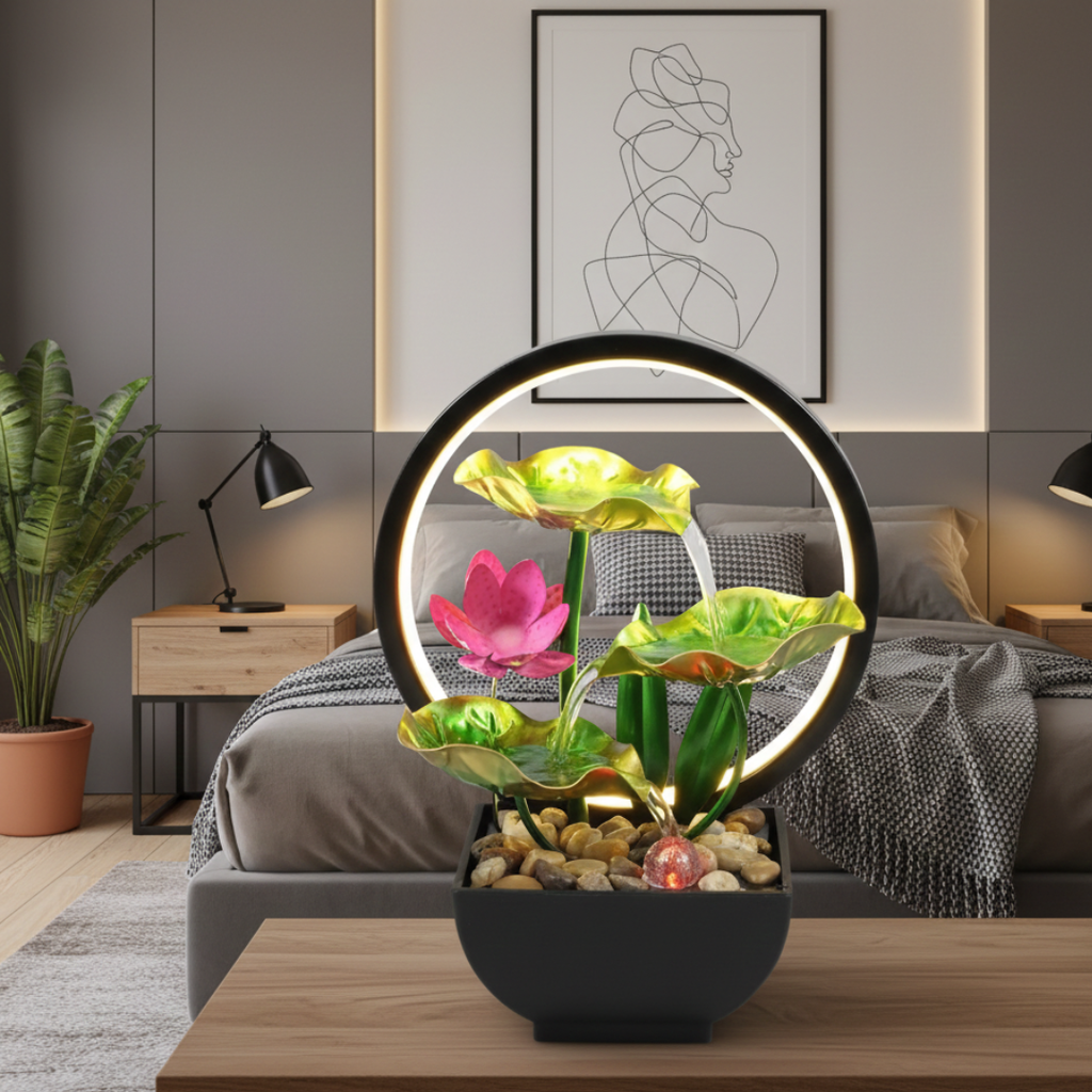 USB-Powered LED Tabletop Water Fountain — Quiet Flow, Warm Lighting, 29x13x12cm