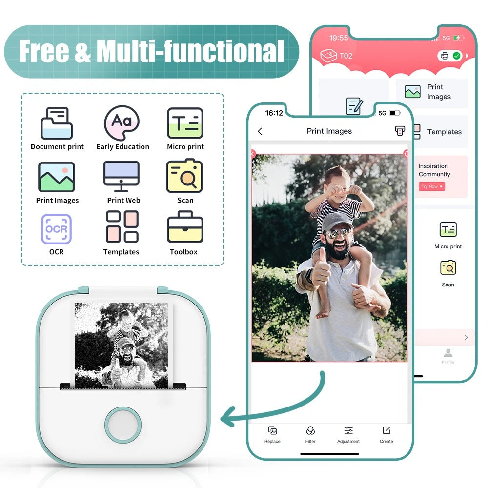 Przenośna mini drukarka — bezatramentowa drukarka fotograficzna Bluetooth do natychmiastowych wydruków