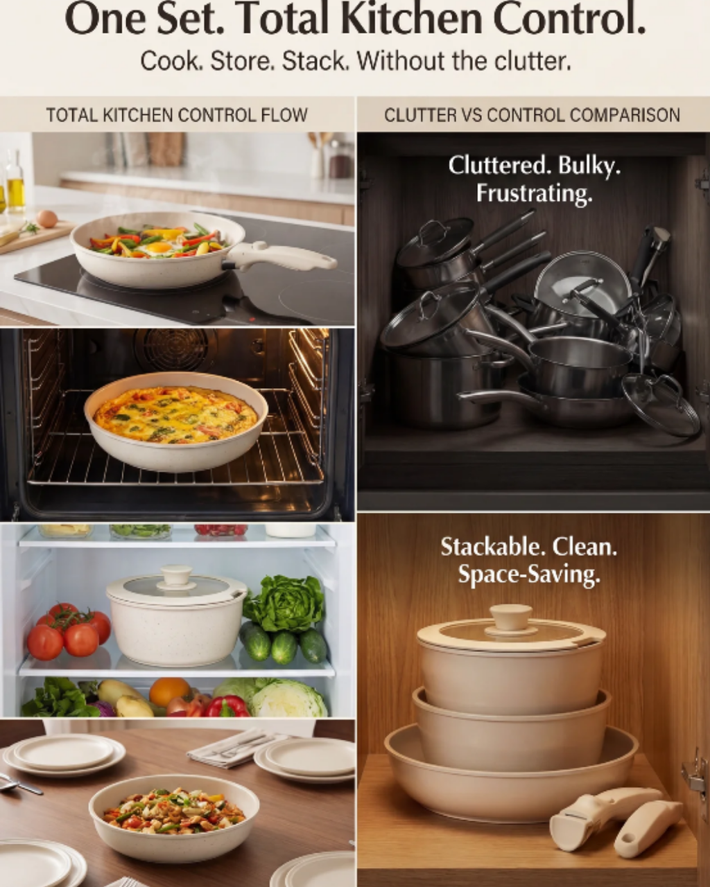 Compact Non Toxic Ceramic Cookware Ensemble — Stackable Pans, Detachable Handles