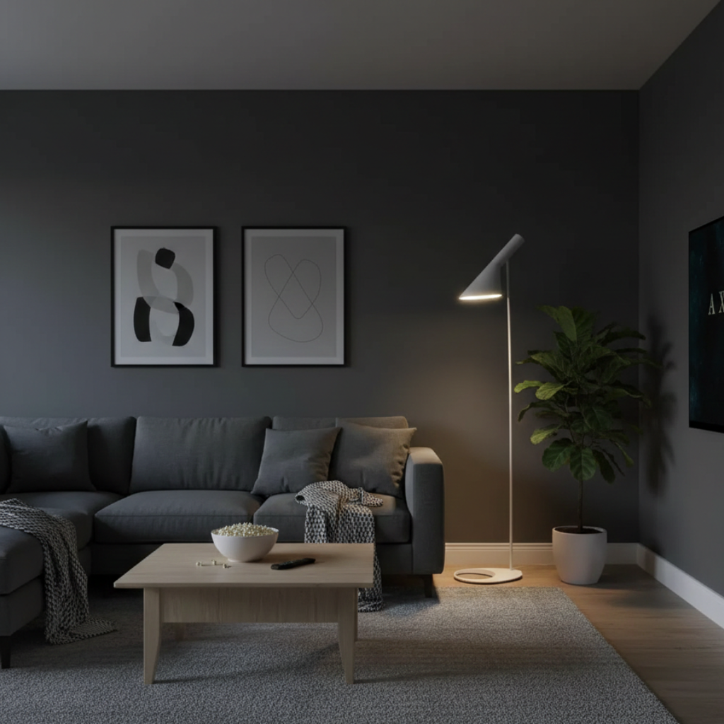 Minimalistická stojací LED lampa v severském stylu — čistý geometrický profil, rovnoměrné rozptýlené světlo