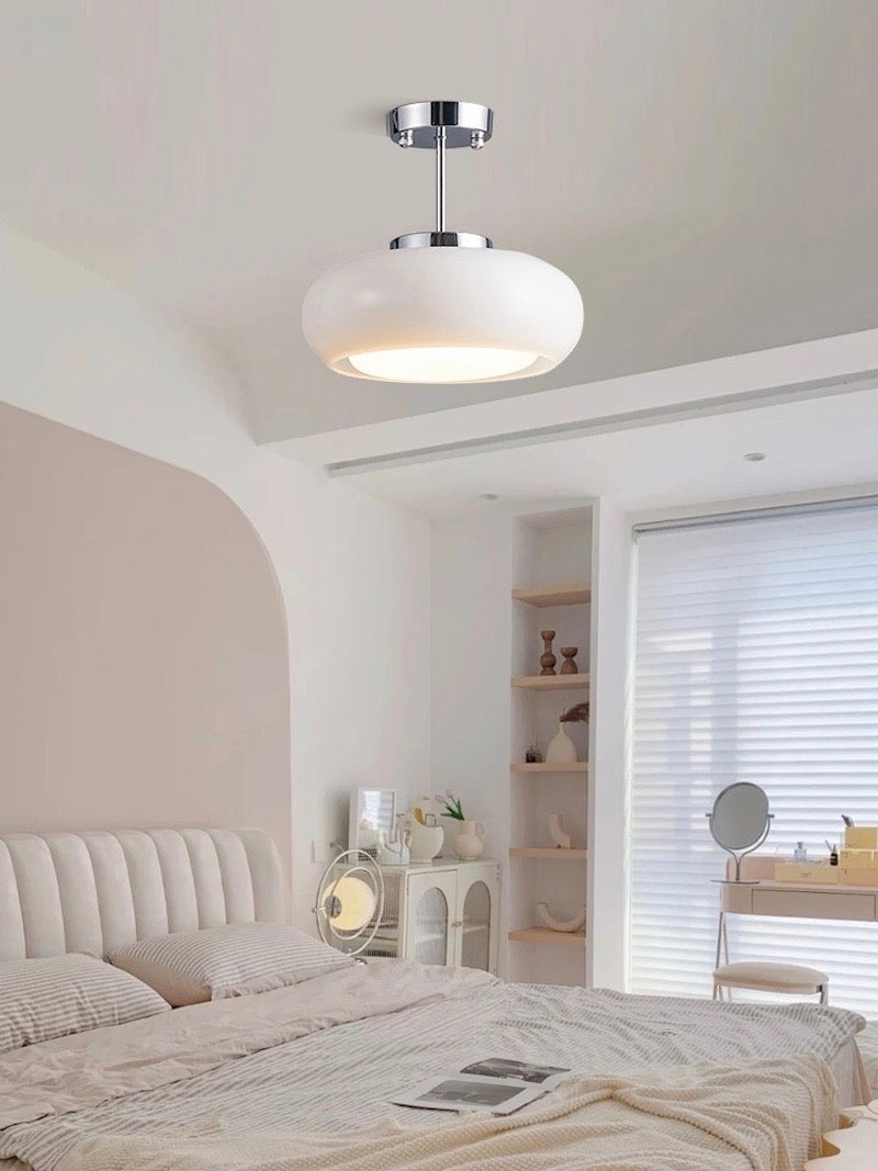 Bauhaus Circular Ceiling Light — Glass Disk Shade, Brass or Chrome Finish, Orange-Yellow or White Glass