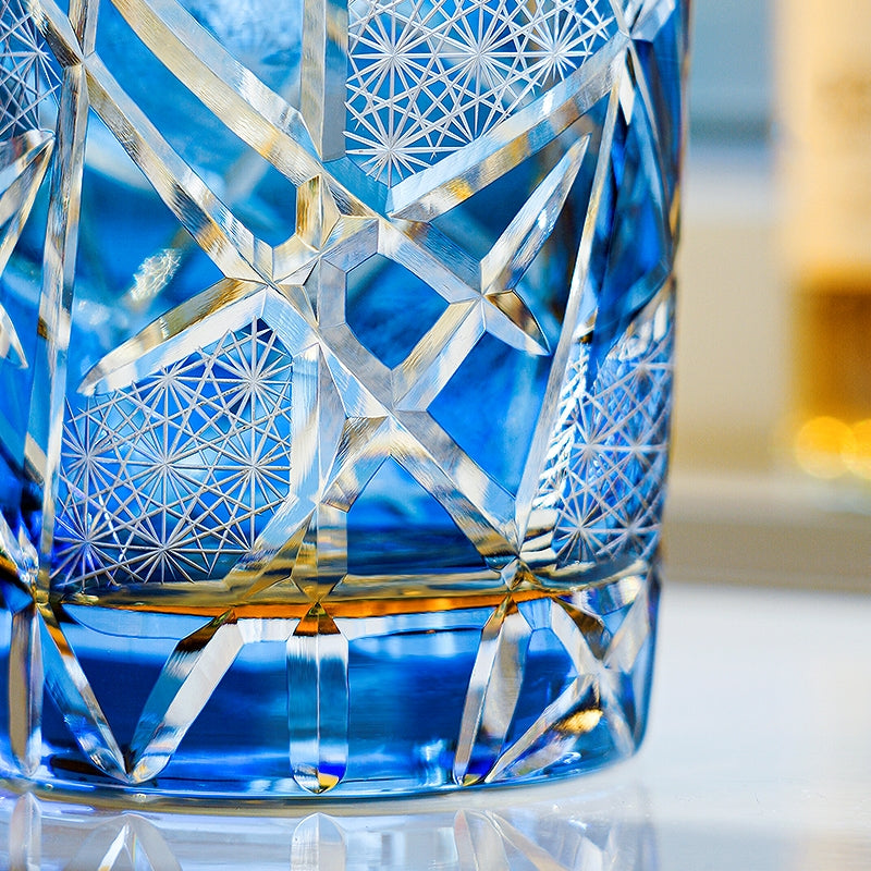 Copo para whisky Edo Kiriko com grua e relâmpago — feito à mão, caixa de madeira