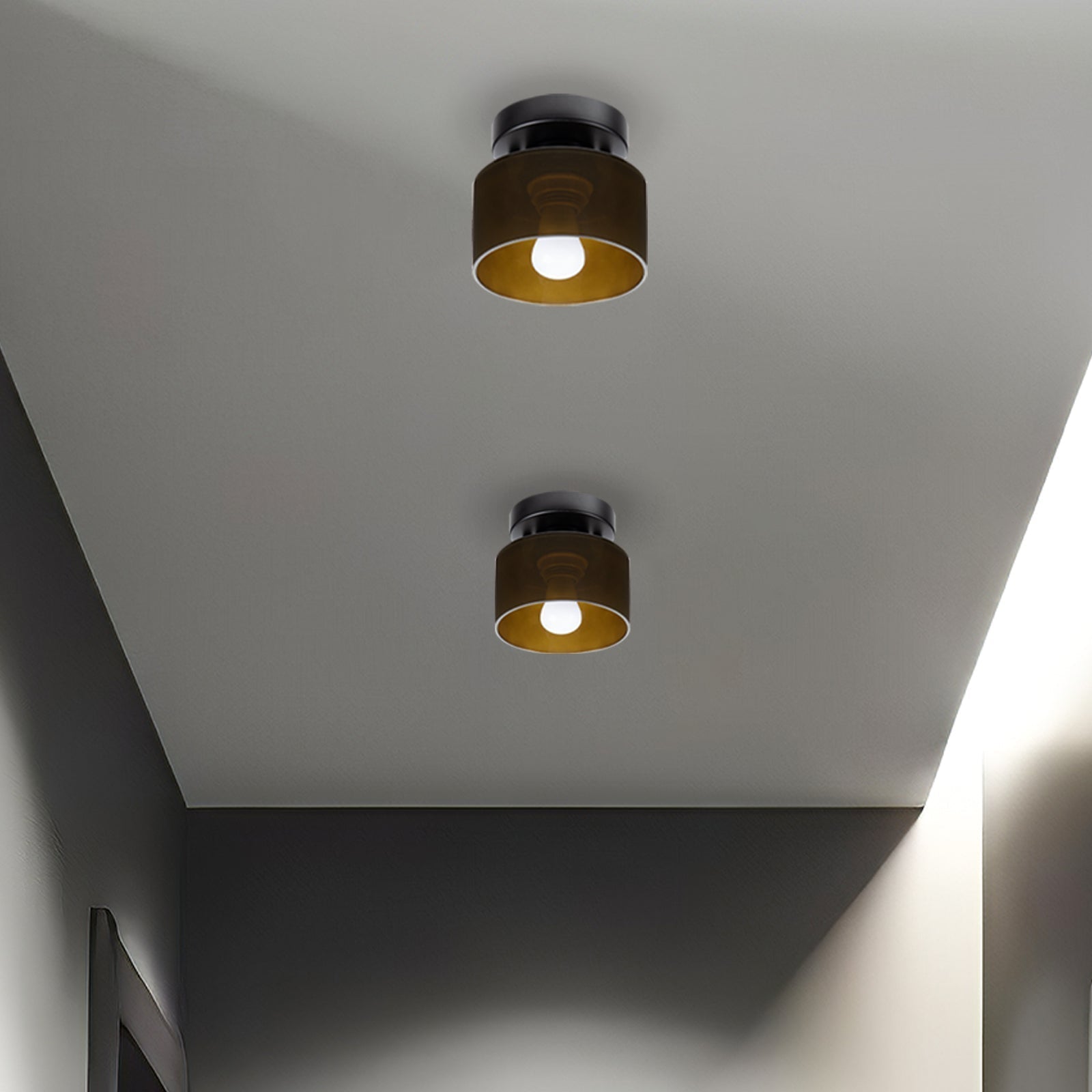 Retro Amber Glass Ceiling Light — E27/E26 Socket, Direct Mount, Cylindrical Shade