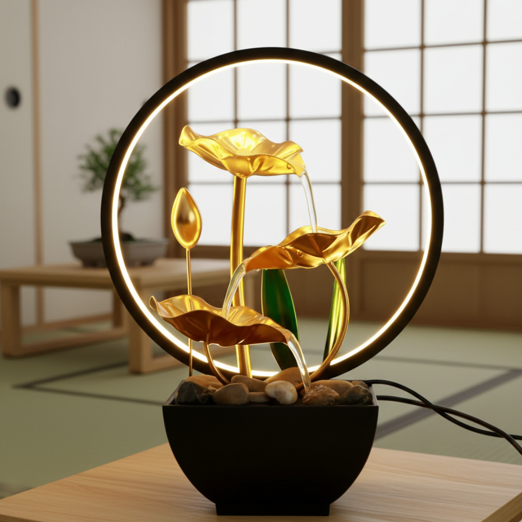 USB-Powered LED Tabletop Water Fountain — Quiet Flow, Warm Lighting, 29x13x12cm