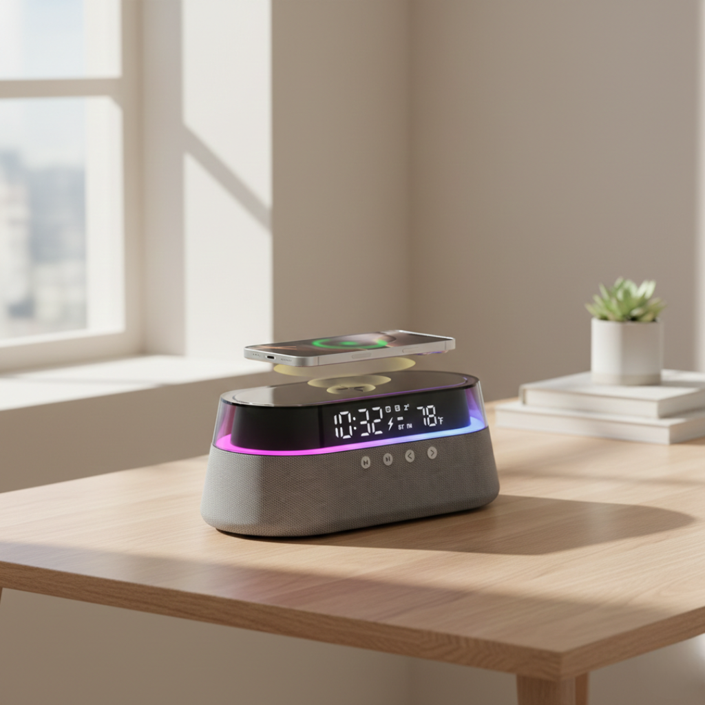 Smart Alarm Clock & Bluetooth Speaker — Multifunction Bedside Hub, Space-Saving Design