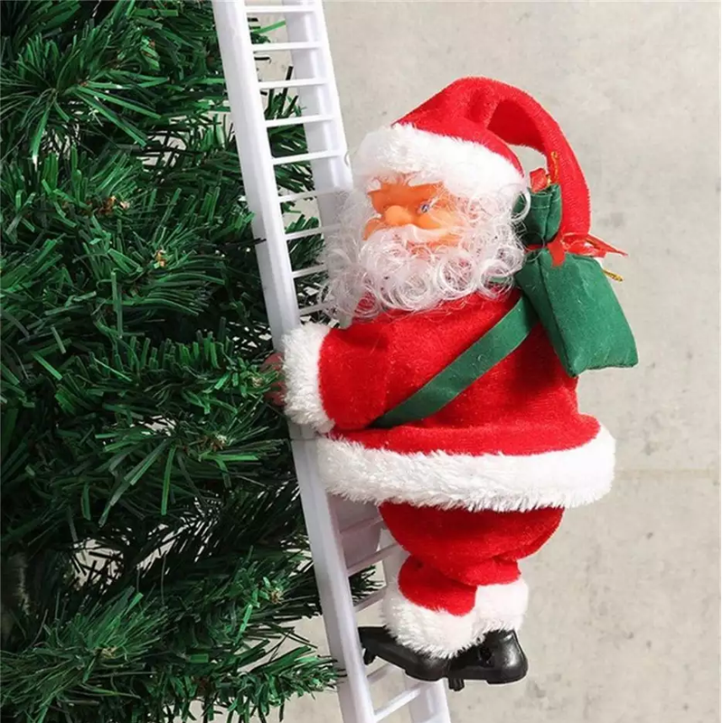 Animovaný elektrický Santa Claus šplhající po žebříku s vánoční hudbou