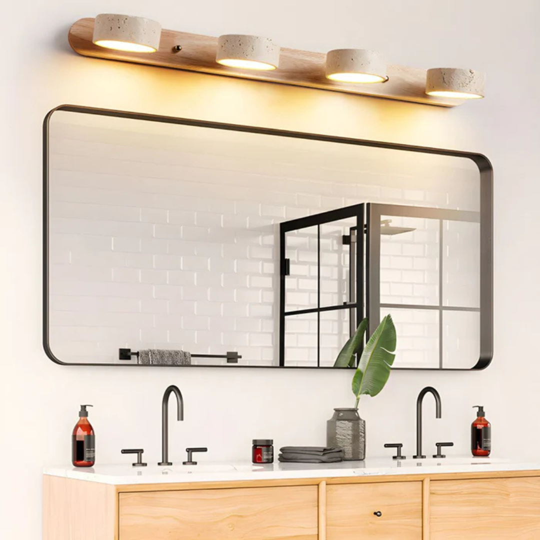 Havencrest Travertine Wall Light Featuring Warm Wood Elements Ambient Glow