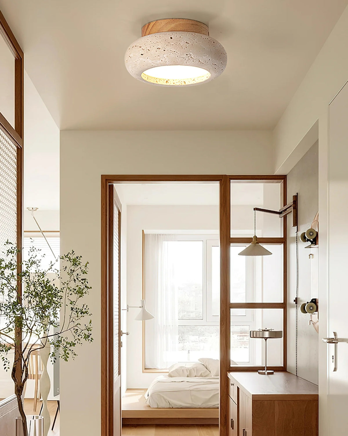 Acrylic Ceiling Lamp in Walnut and Beige — Flat Panel, Even Illumination